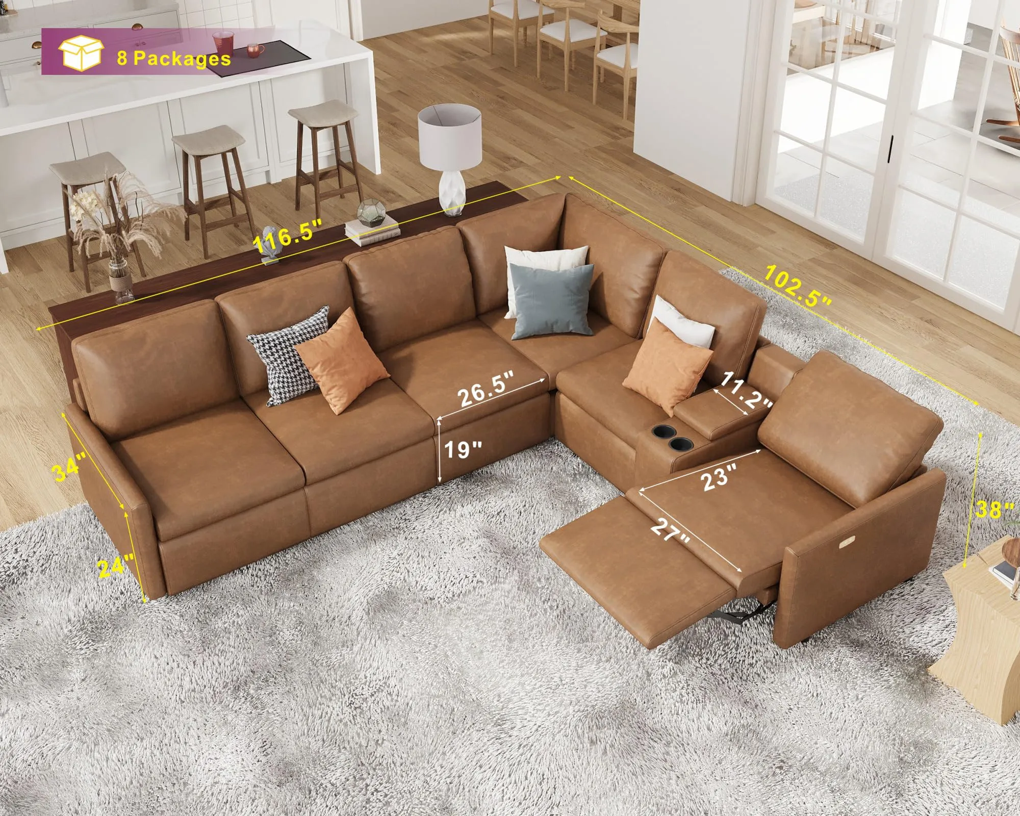 AMERLIFE Modular Leather Power Recliner Sofa Set with Console, Cup Holder & Charging Port