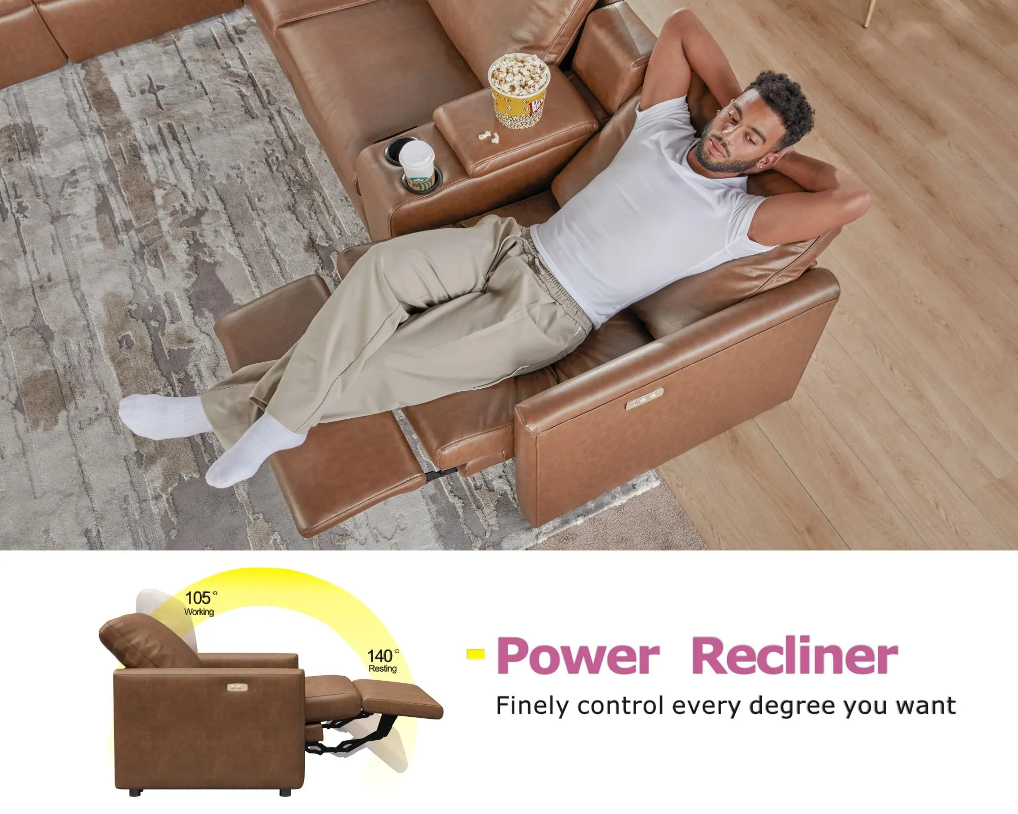 AMERLIFE Modular Leather Power Recliner Sofa Set with Console, Cup Holder & Charging Port